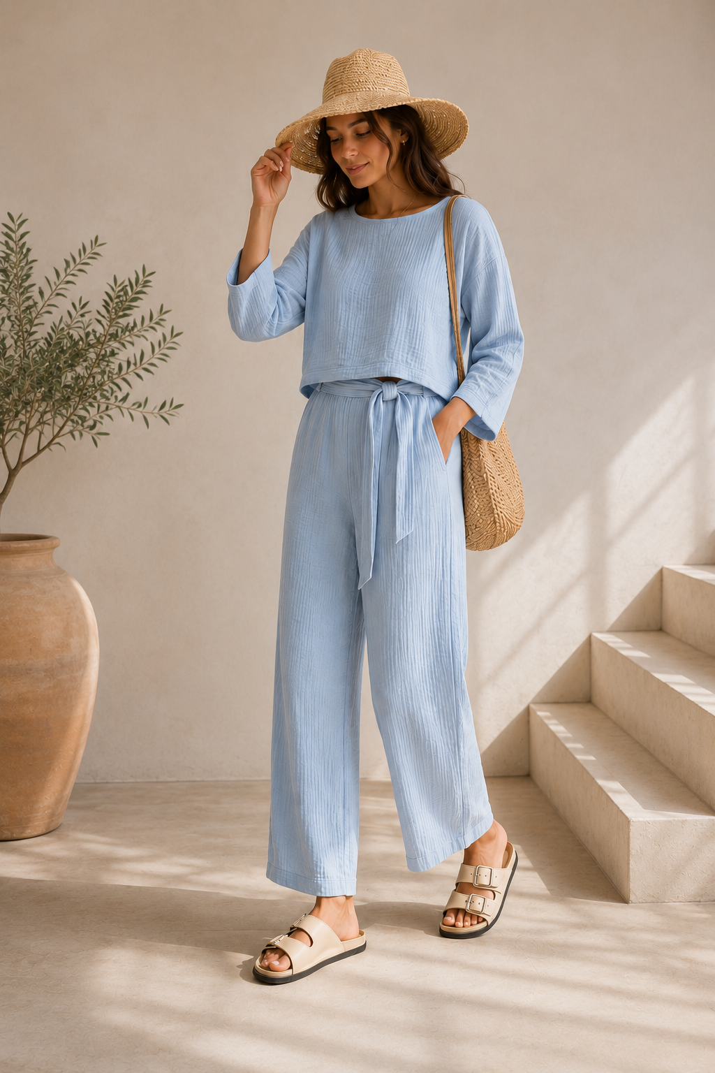 Batwing Sleeve Blouse & Trousers Set